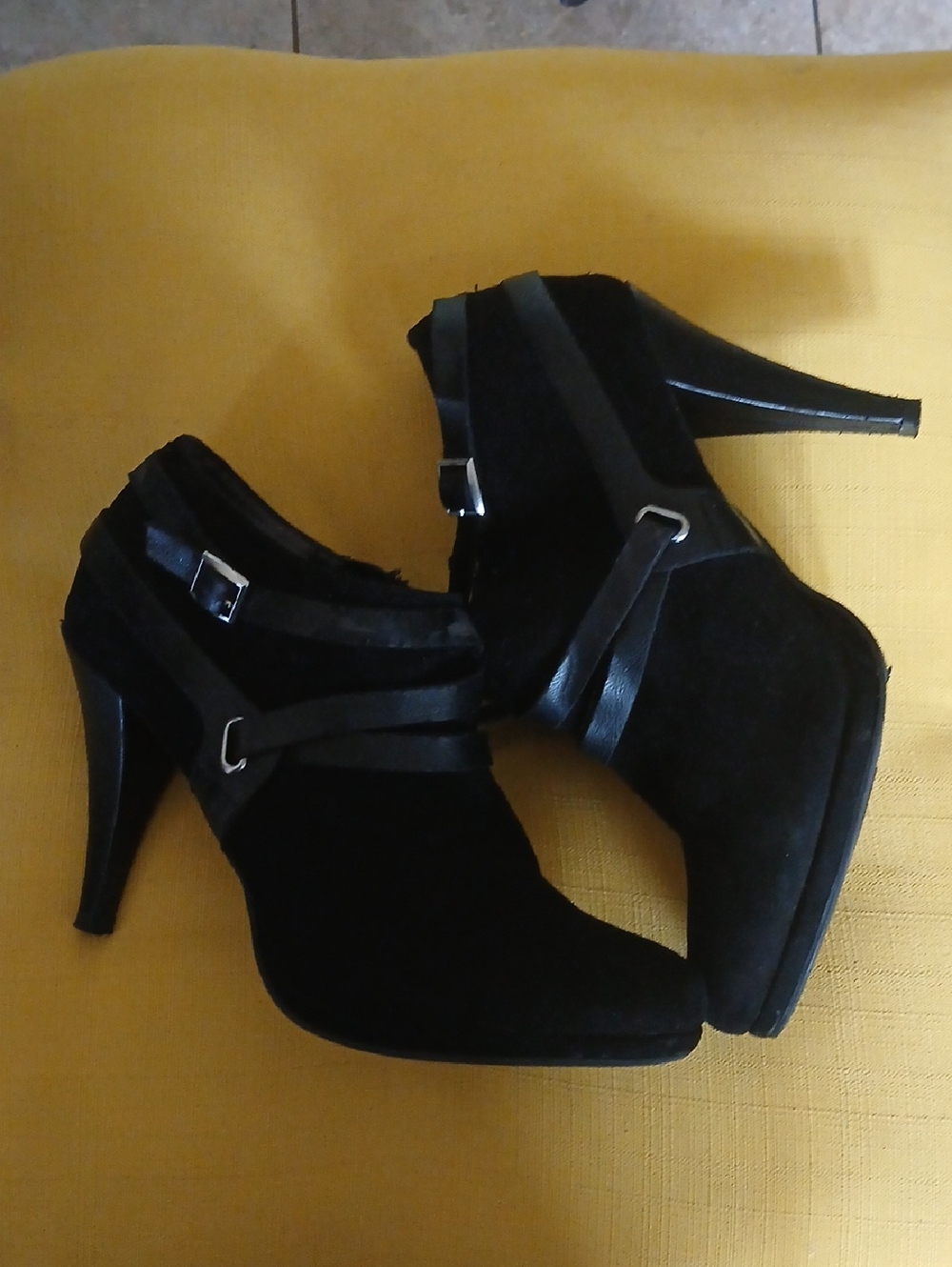 Fergalicious Black Suede High Heel Ankle Boots with Strap Detail